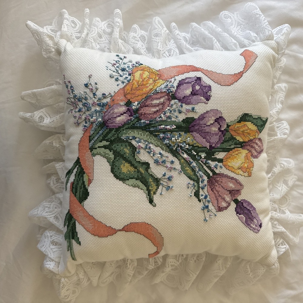 Handmade Floral Cross Stitch Pillow Lace Ruffle Accent Cottagecore Needlepoint